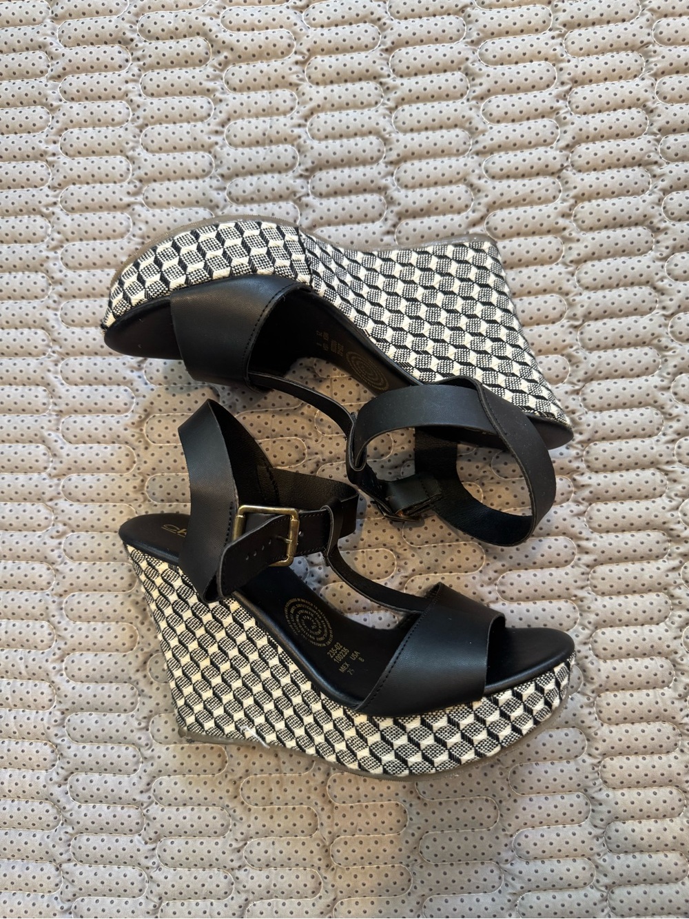 Black Wedge Sandals with Patterned Platform and Ankle Strap